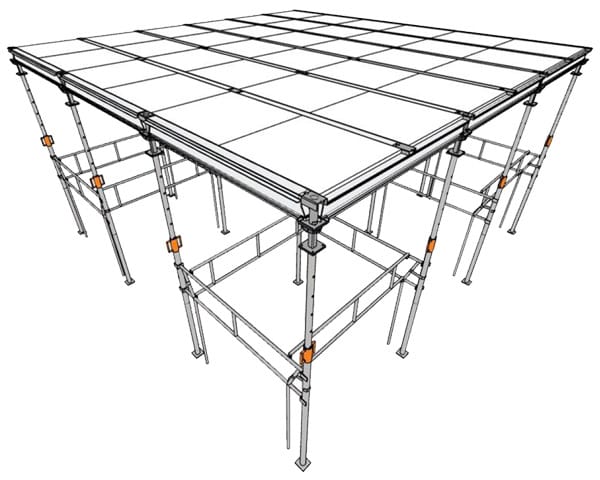 Render 3D do Sistema Alumatex configurado para laje maciça com fôrmas planas