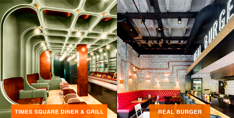 comparativo mostrando o ambiente clássico da Times Square Diner & Grill e moderno do Real Burger